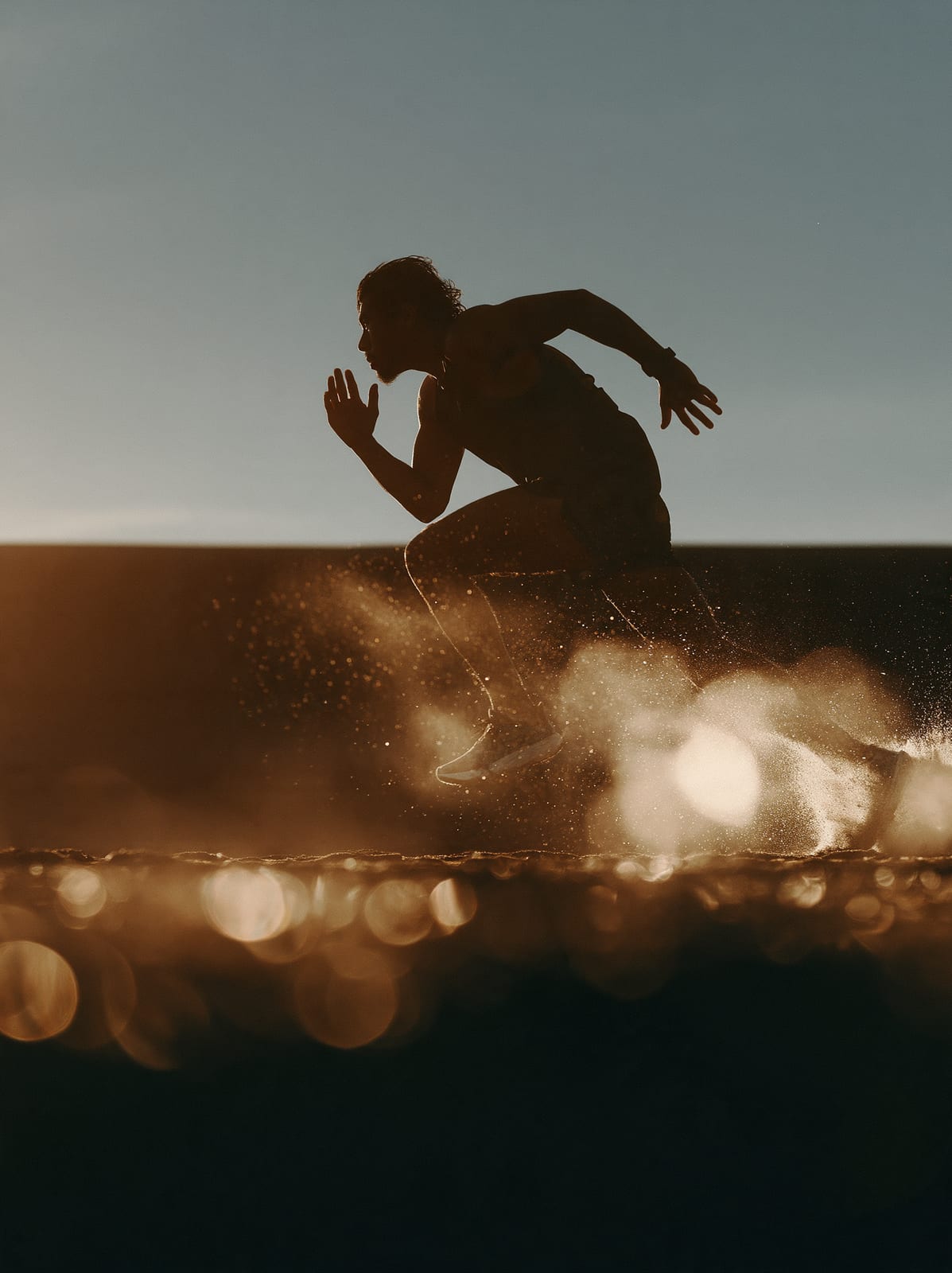 Runner sprinting at sunset