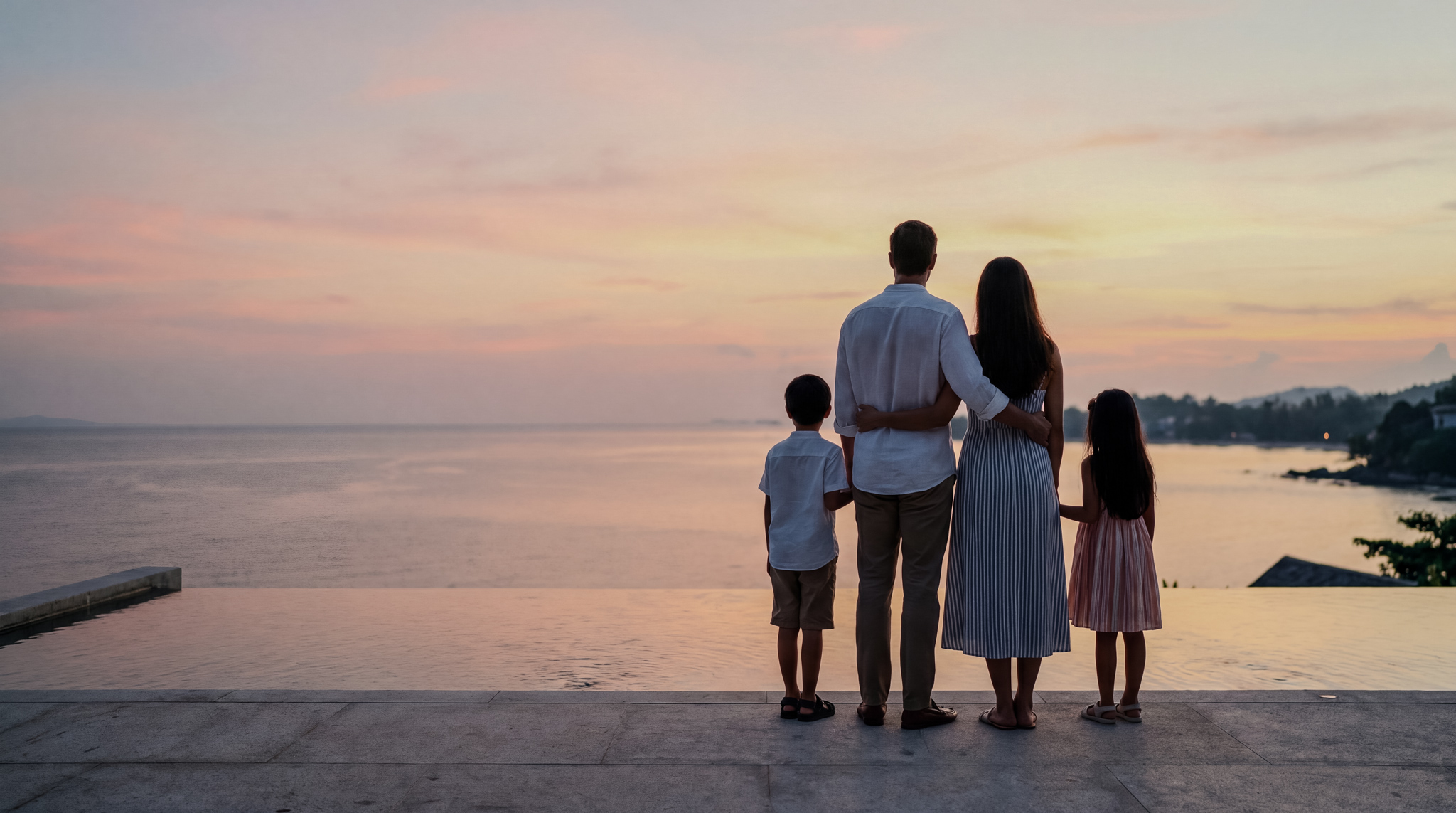 Family at sunset overlooking the Pattaya coastline