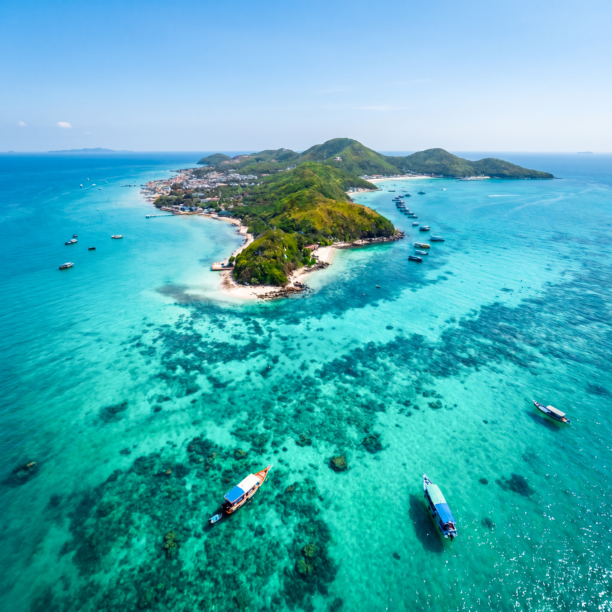 Koh Larn Coral Island aerial — turquoise waters, white sand
