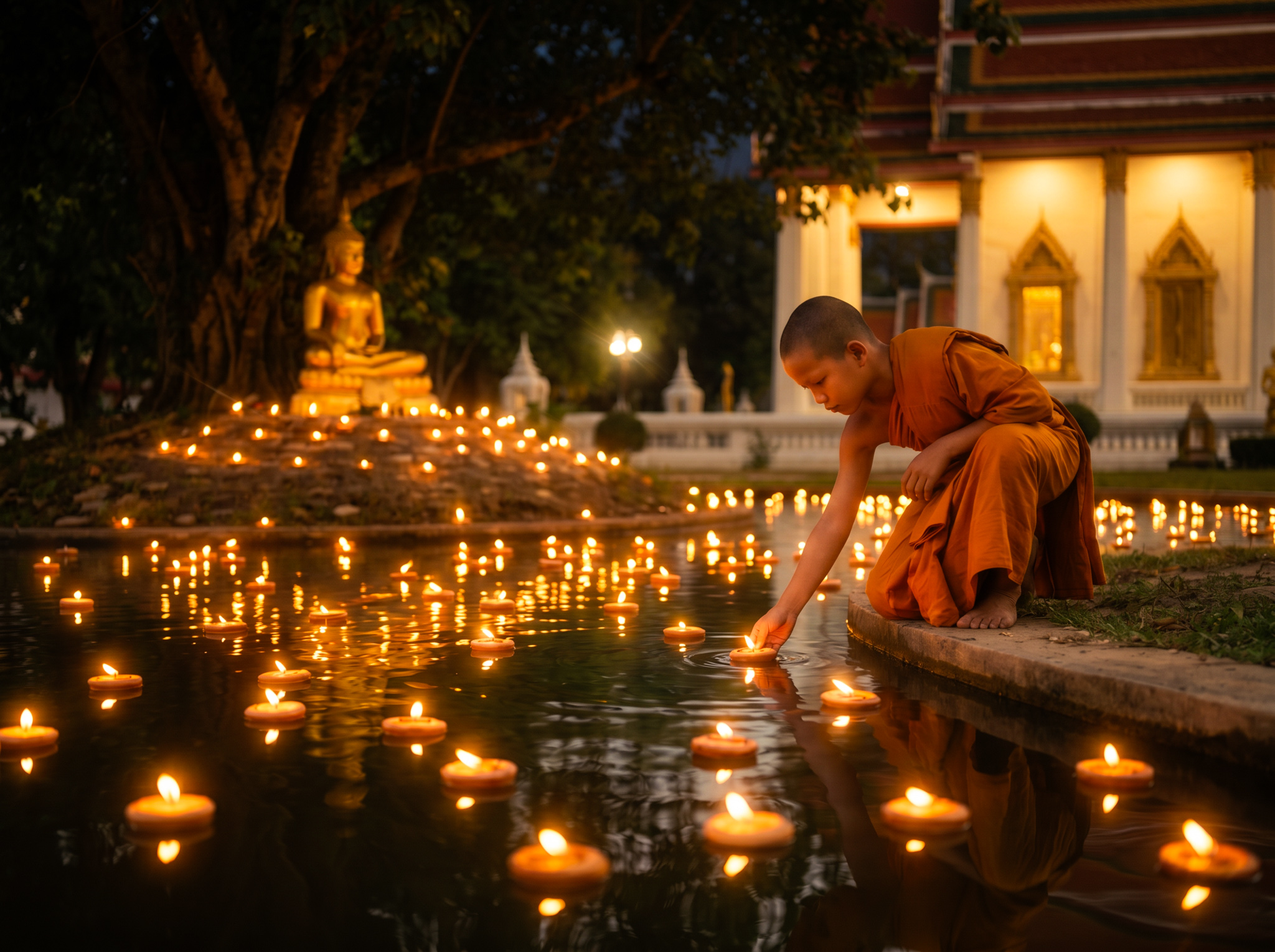 Loy Krathong floating lanterns on Pattaya Bay