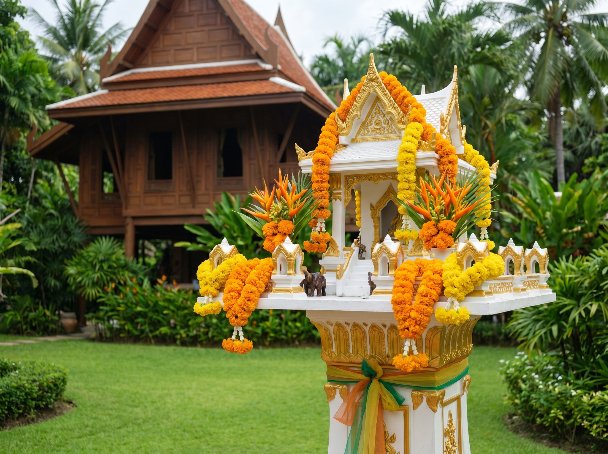Thai spirit house san phra phum with flower offerings