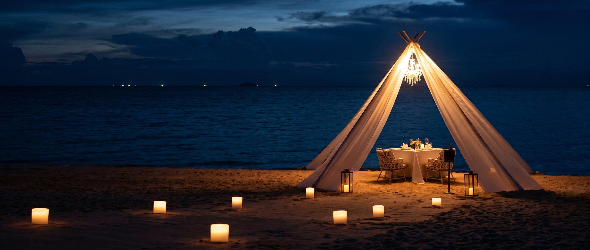 Pattaya dining landing hero — sunset tent table over the Gulf