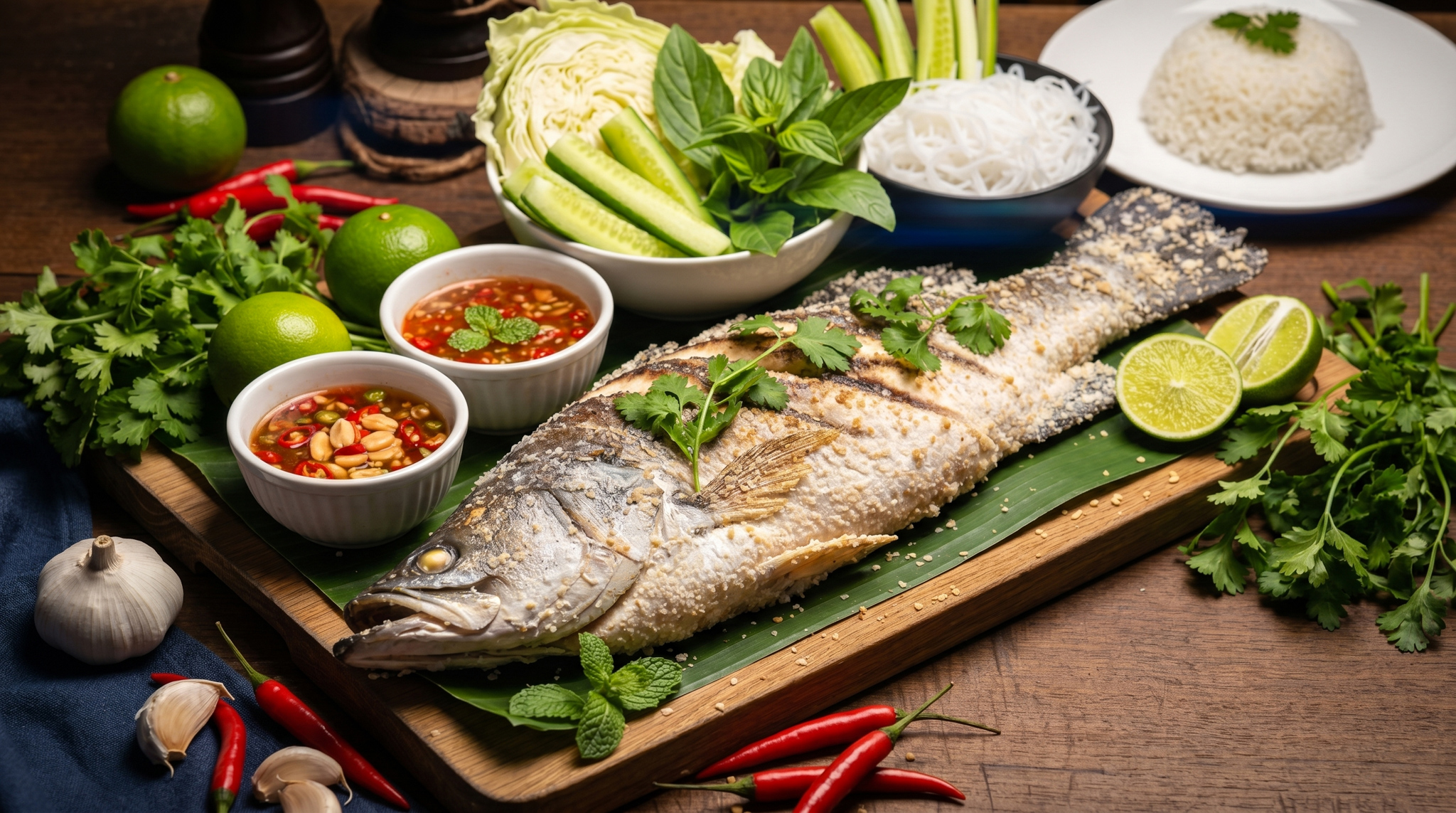 Pla Pao whole fish grilled over coconut husks Pattaya beach