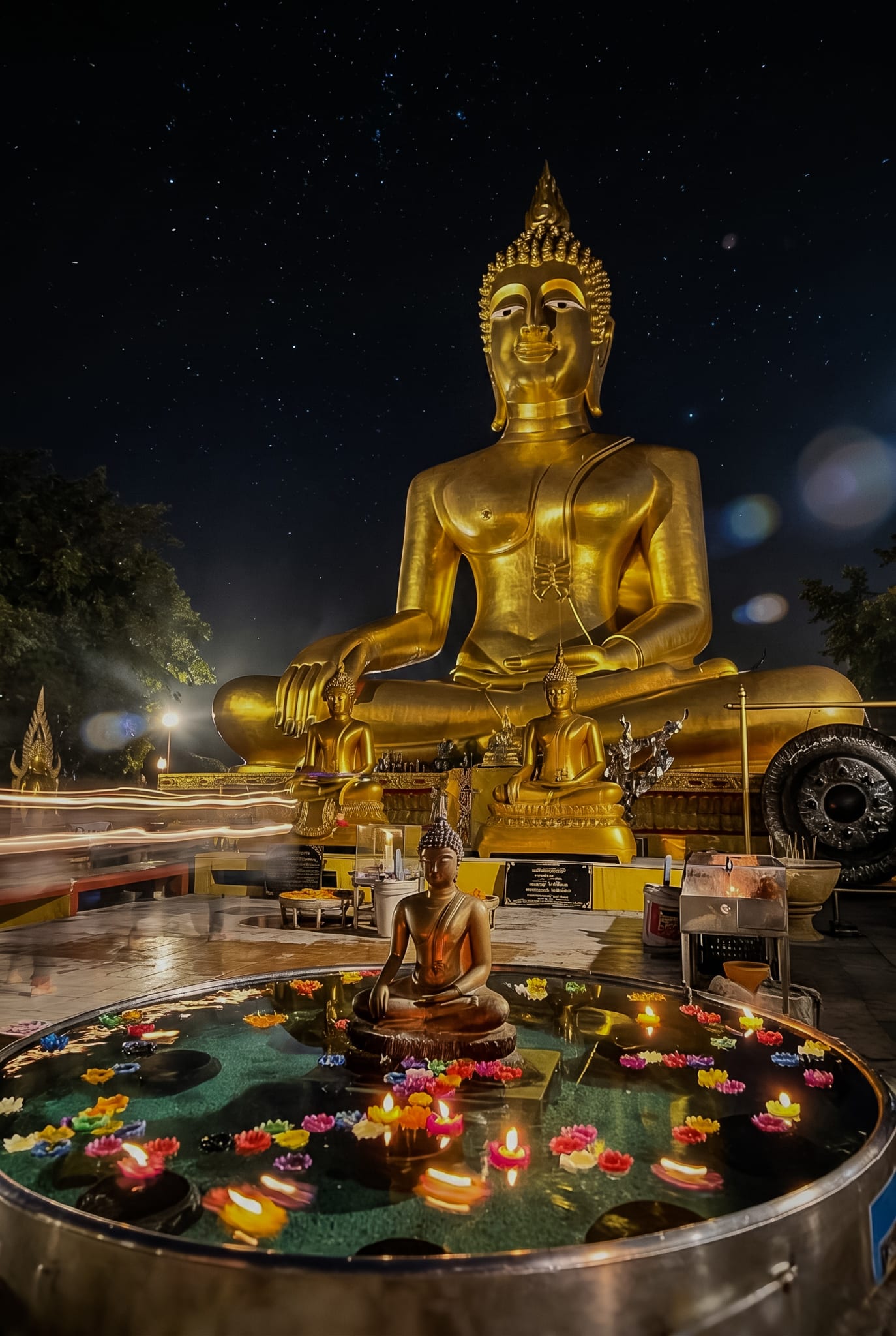 Golden Buddha statue at night with marigold offerings — Pattaya cultural heritage