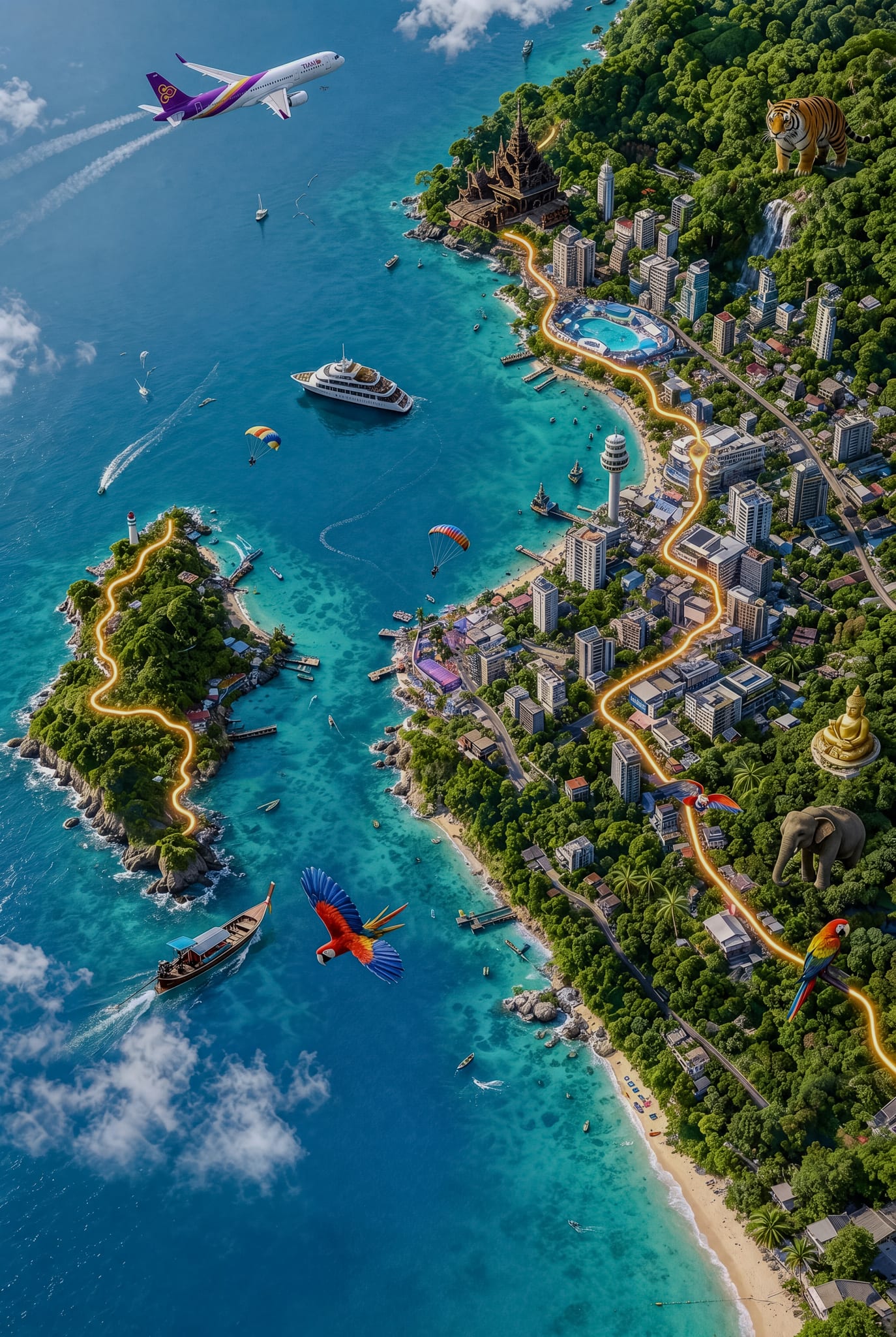 Pattaya and Chonburi Province illustrated map — districts, landmarks, coastline