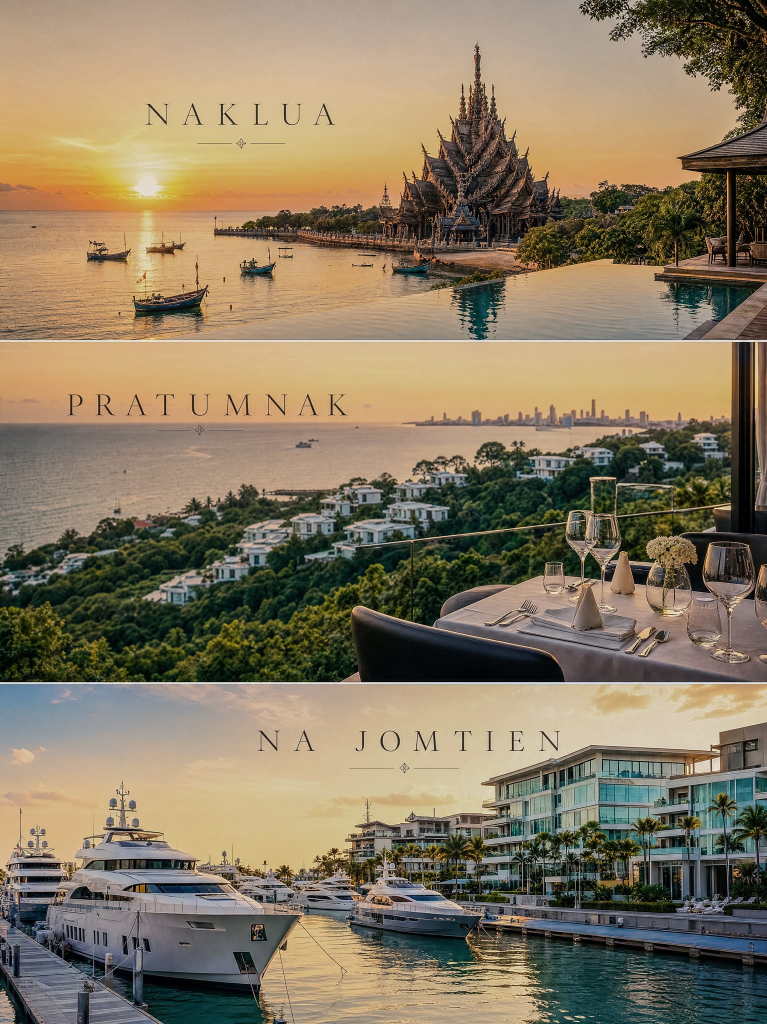 Naklua sunset and Pratumnak hilltop dining — Pattaya neighbourhoods split view