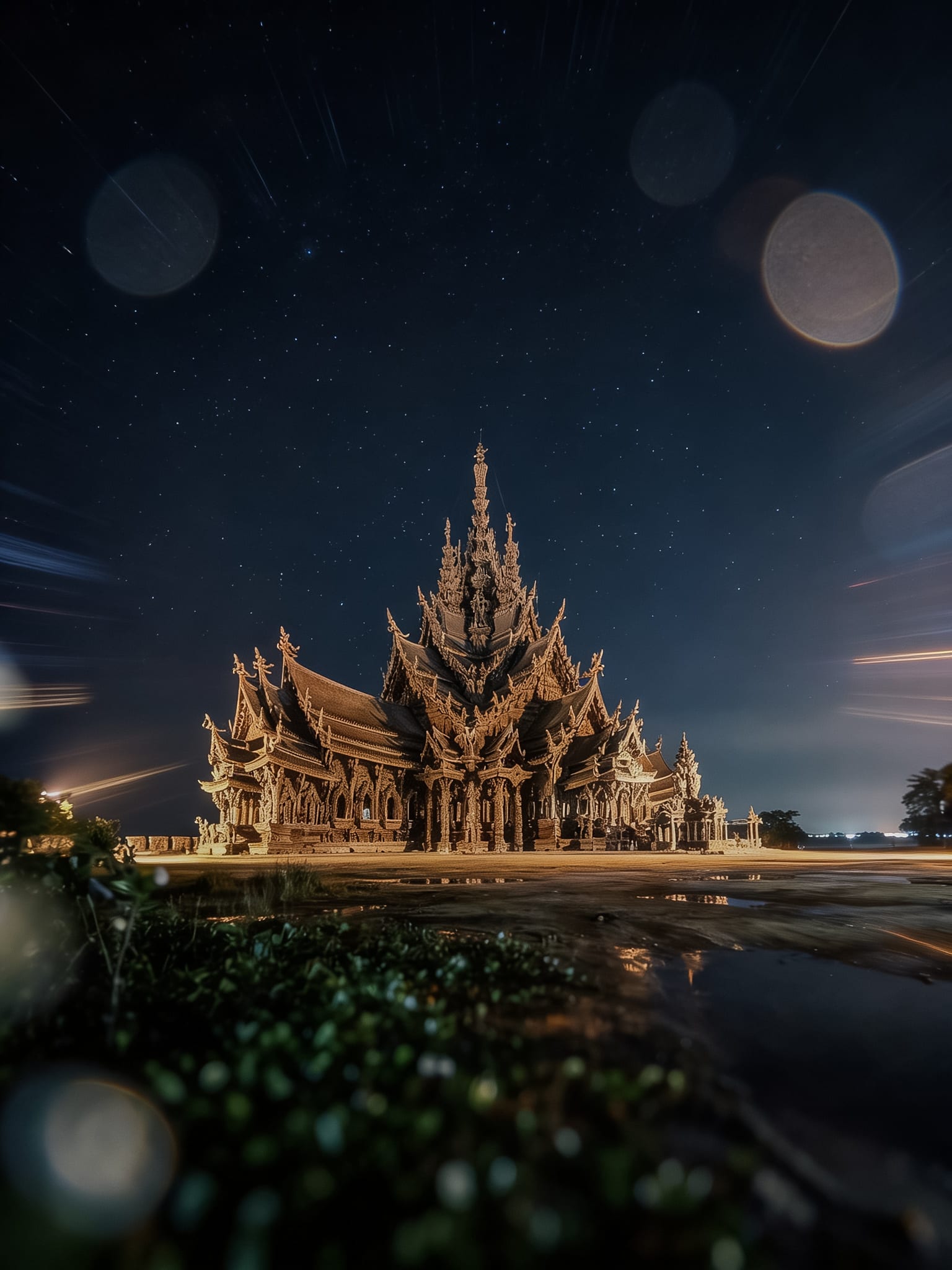The Sanctuary of Truth at night under moonlight — 105 metres of hand-carved teakwood rising above the Gulf