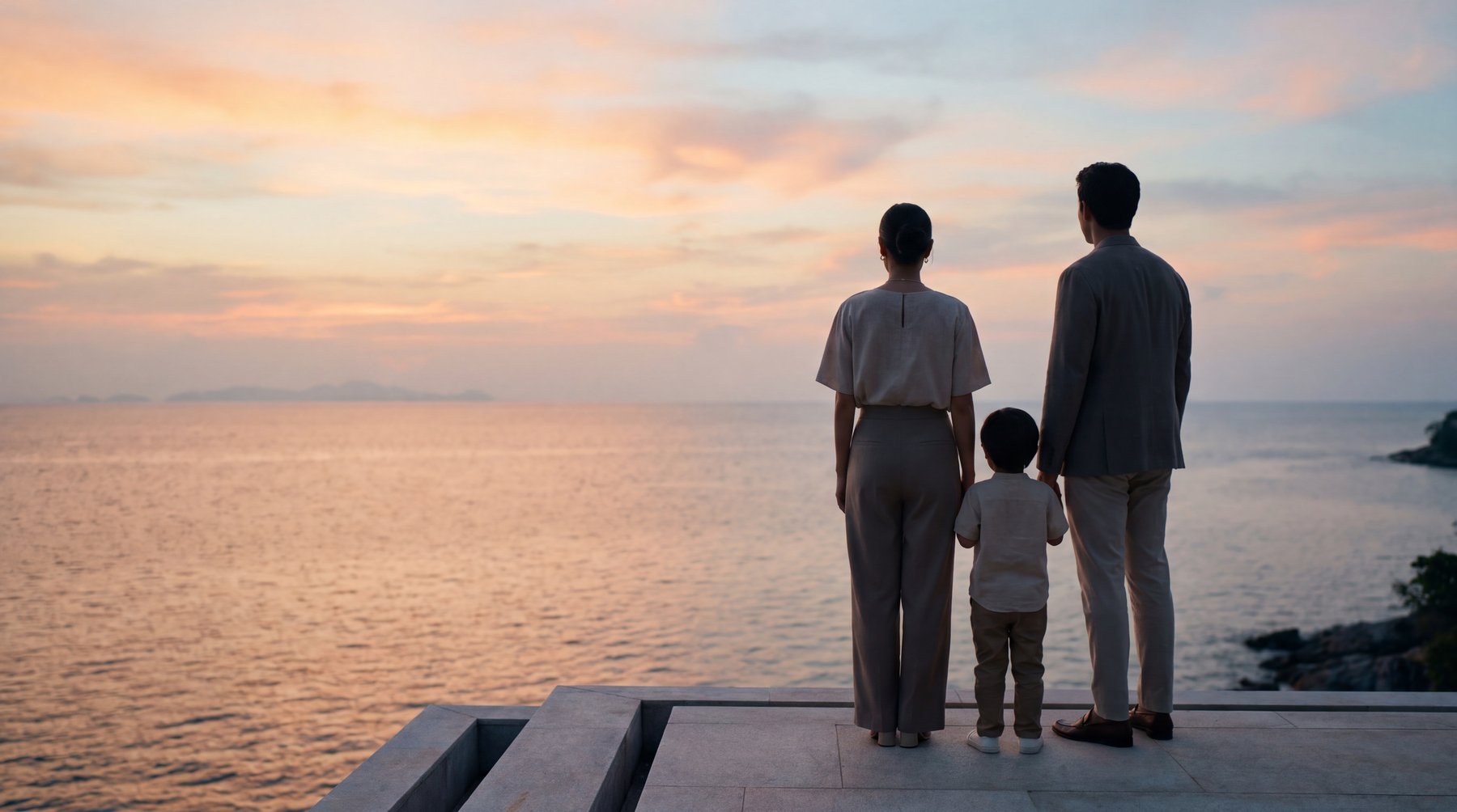 A family at sunset on the private Chonburi coastline