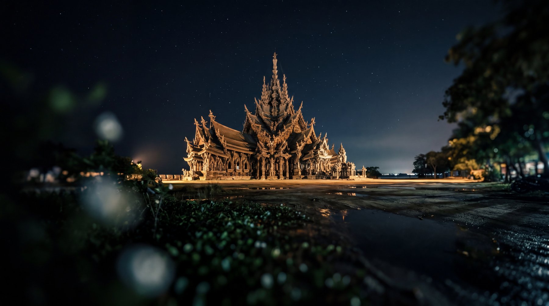 The Sanctuary of Truth at night, Pattaya — hand-carved teakwood temple
